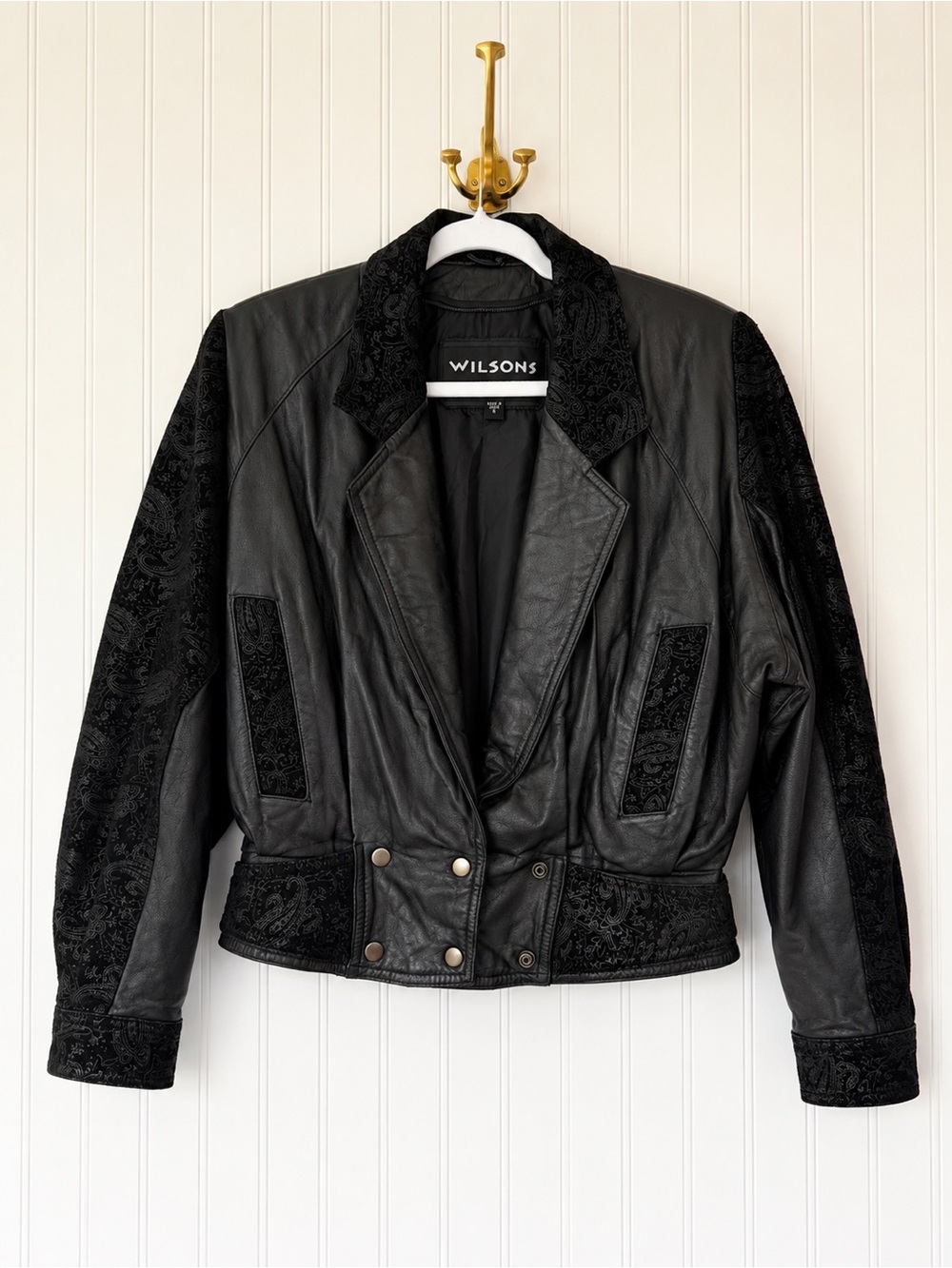 Vintage Wilsons Black Leather Paisley Moto Bomber Jacket Size S